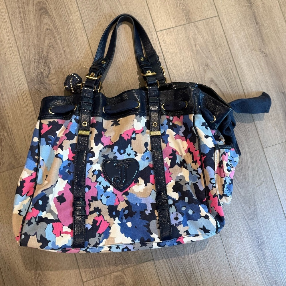 Juicy Couture Navy and Pink Floral Bag Y2K